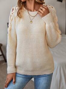 SHEIN LUNE Lace Up Raglan Sleeve Sweater - Apricot - View 3