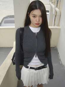 Cardigan Crop dengan Resleting Polos - Grey - View 3