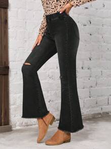 SHEIN LUNE High Waist Ripped Raw Hem Flare Leg Jeans - Black - View 3