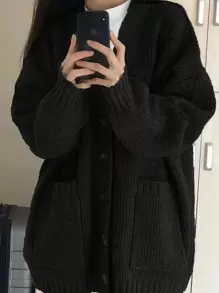 Áo khoác cardigan dáng rộng, tay dài, vai rớt, màu đen trơn, kiểu dáng thường ngày. - màu đen - Xem 4