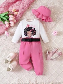 女嬰人像圖案T恤和翻蓋口袋長褲和帽 - 彩色 - 查看 3