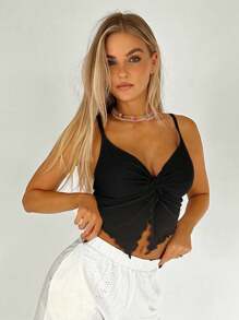 SHEIN EZwear 前扭結木耳邊吊帶上衣 - 黑色 - 查看 5