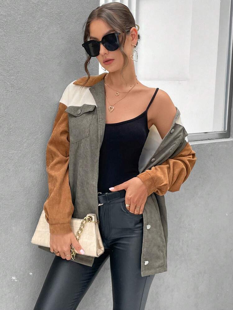 Colorblock Flap Pocket Drop Shoulder Corduroy Coat Fall Cloth For Women