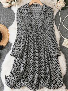 SHEIN LUNE Plus Allover Print A-line Dress - Black and White - View 1