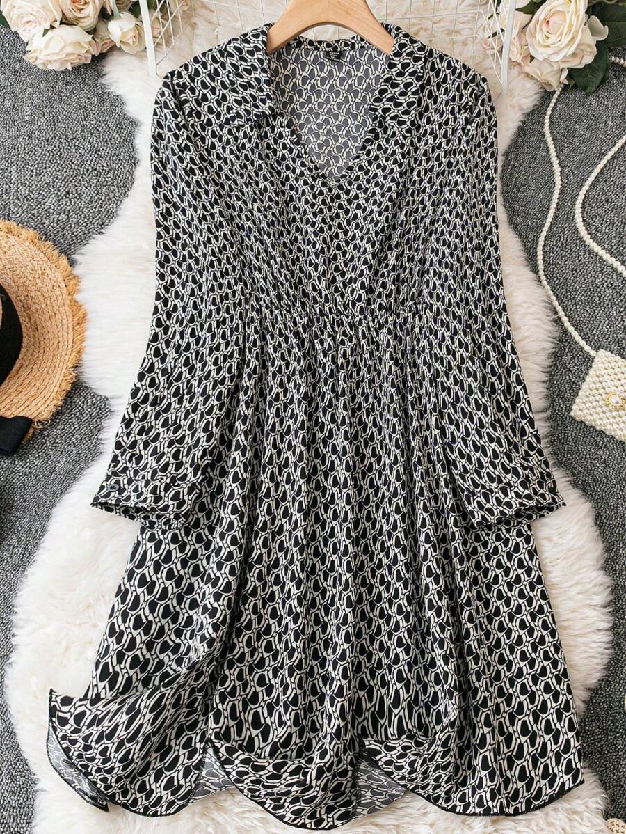 SHEIN LUNE Plus Allover Print A-line Dress - Black and White - View 1