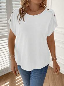 SHEIN Clasi Áo thun tay cánh dơi có chi tiết nút cộng - trắng - Xem 6