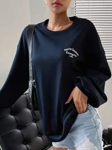 DAZY Đồ họa Chữ cái Thả vai Lót nhiệt Áo chui đầu Oversized - Màu xanh hải quân - Xem 5