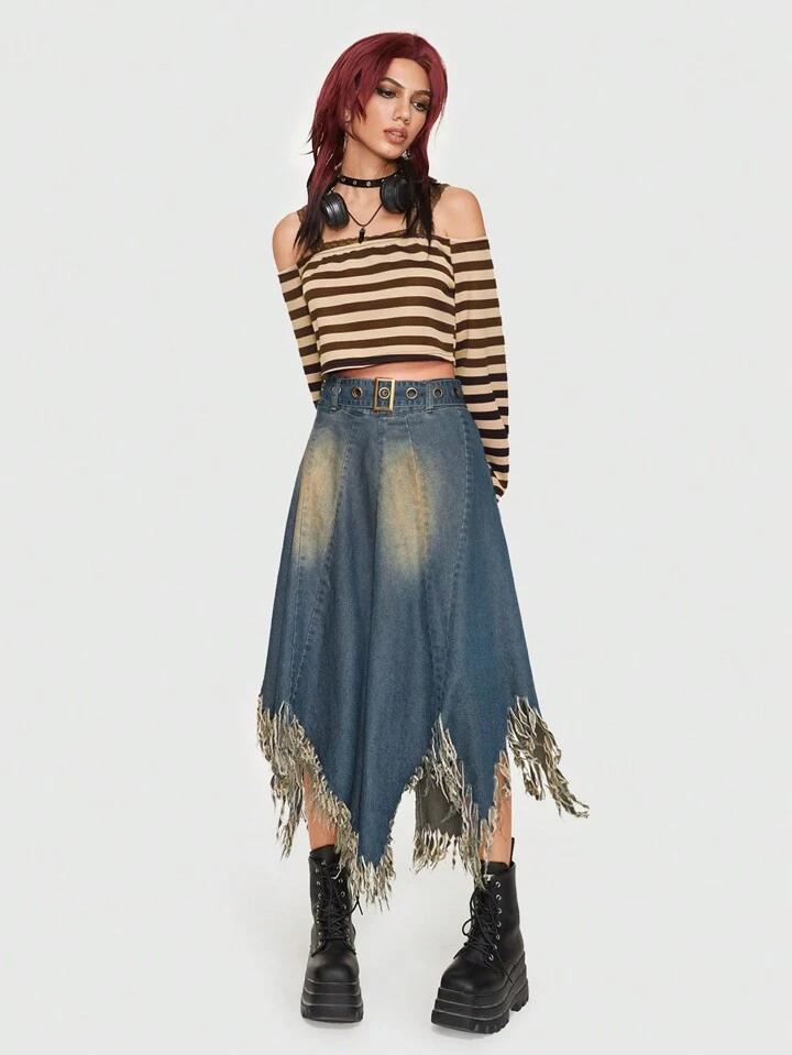 Our Grunge Punk Fringe Trim Hanky Hem Buckle Belted Denim Skirt is