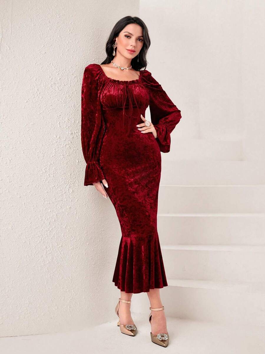 Modelyn Burgundy Red Flounce Sleeve Mermaid Hem Velvet Dress - Burgundy - View 1