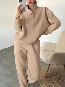 INAWLY Solva 半扣落肩运动衫和运动裤，女士休闲纽扣，口袋腕长袖常规版型卡其色落肩衬衫裤女式两件套服装，春季/秋季，休闲日常穿着 - 卡其色 - 查看 4