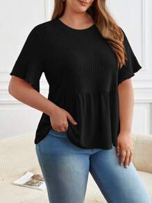 SHEIN Frenchy Plus Waffle Knit Flounce Sleeve Peplum Tee