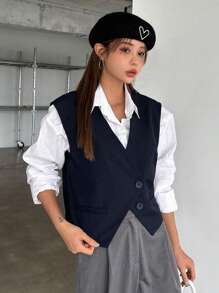DAZY Solid Button Front Waistcoat Without Blouse,Fall Clothes Business Attire - Navy Blue - View 5