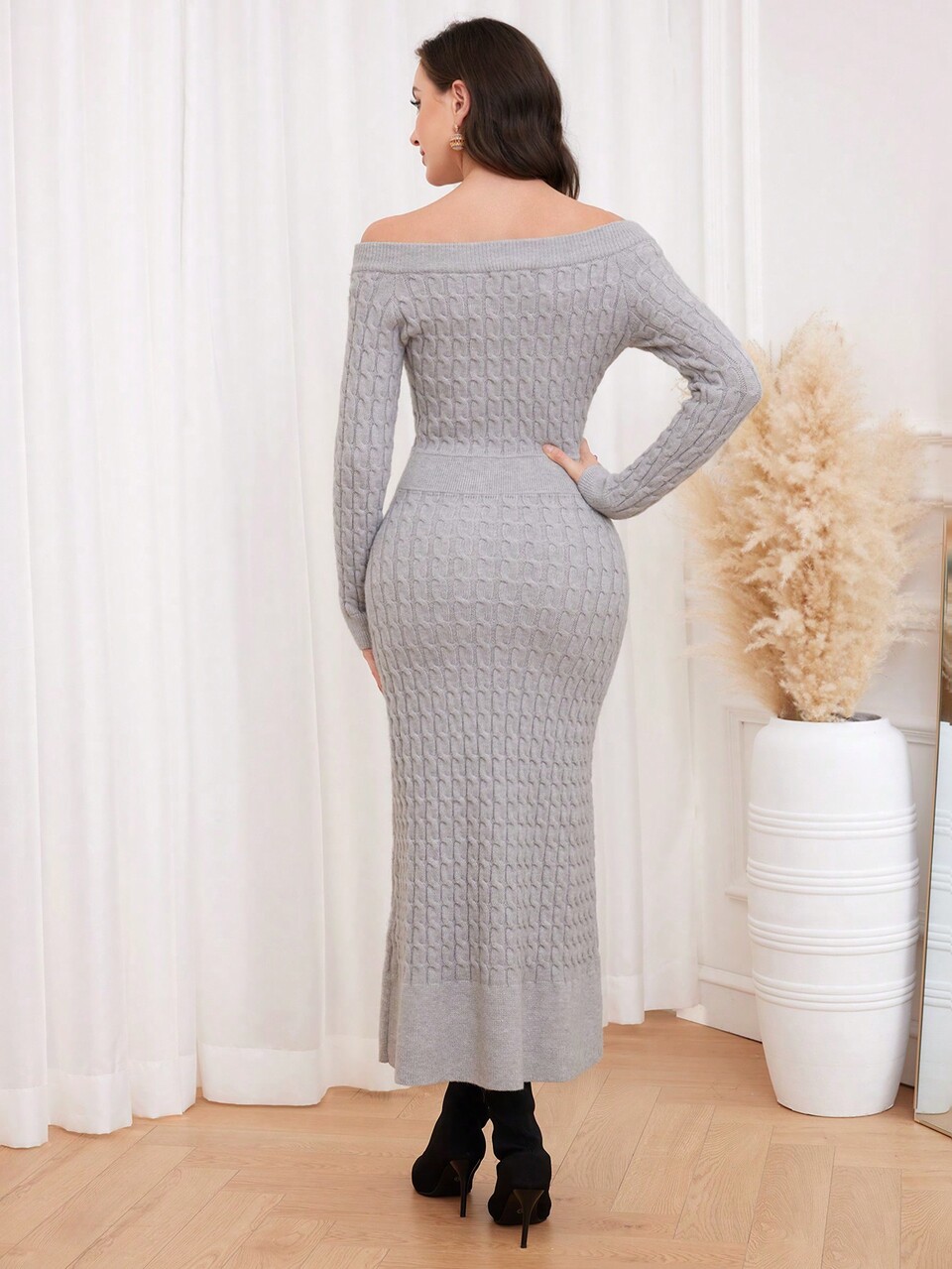 Off Shoulder Mermaid Hem Cable Knit Sweater Dress Fall Cloth For Women