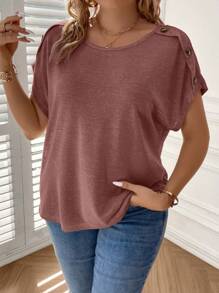 SHEIN Clasi Plus Button Detail Batwing Sleeve Tee - Red - View 7