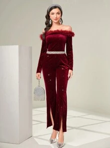 Modelyn Off Shoulder Fuzzy Trim Velvet Top & Split Thigh Pants Without Belt - Red - View 1