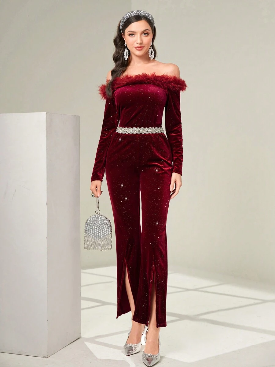 Modelyn Off Shoulder Fuzzy Trim Velvet Top & Split Thigh Pants Without Belt - Red - View 1