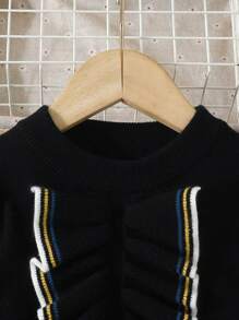 SHEIN Tween Girl Striped Pattern Ruffle Trim Sweater Dress - Black - View 3