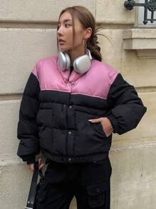 DAZY 双色落肩加厚口袋大衣，女式冬季大衣夹克 - 黑色 - 查看 7