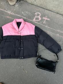 DAZY 双色落肩加厚口袋大衣，女式冬季大衣夹克 - 黑色 - 查看 8