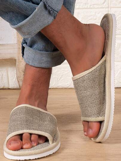 秋冬男女通用亚麻家居拖鞋，男士时尚静音防滑室内沙滩凉鞋，吸汗