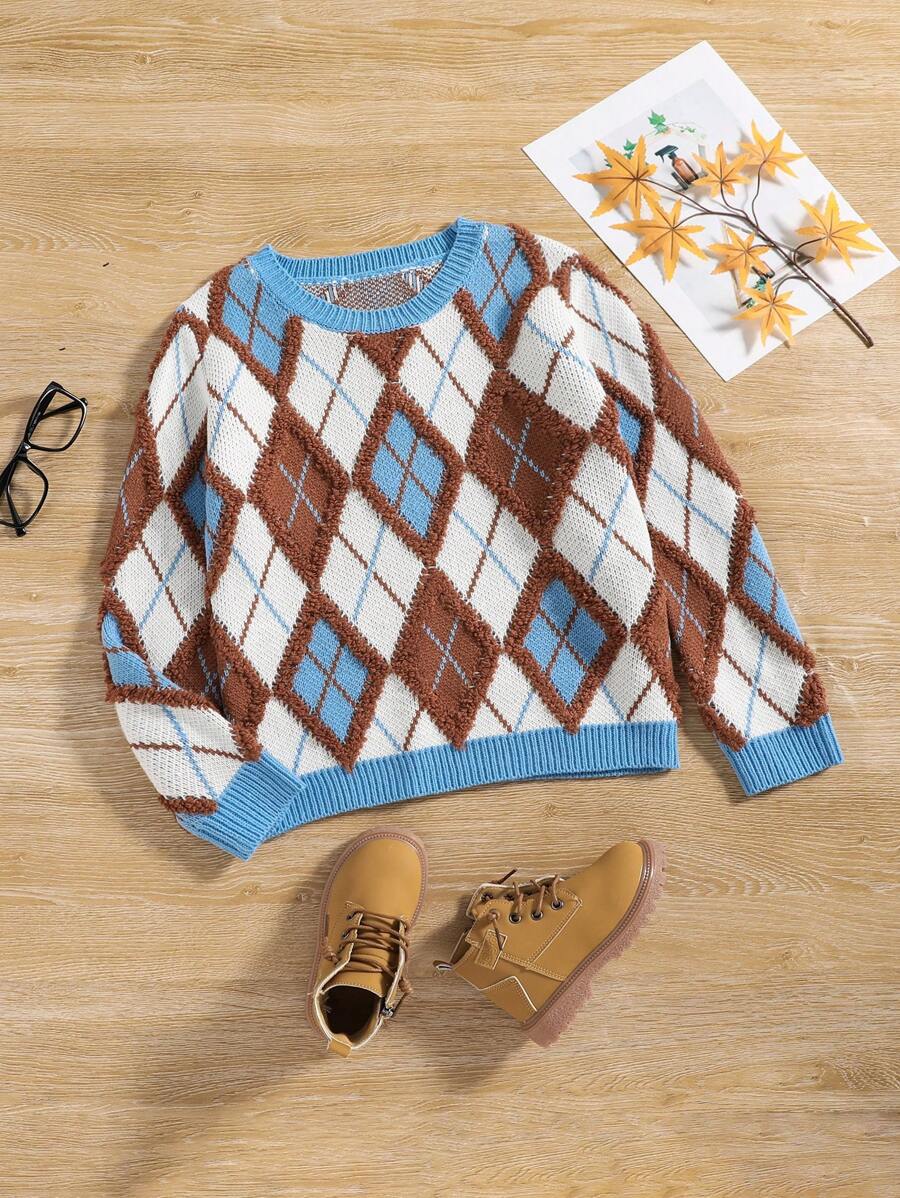 Tween Boy Argyle Pattern Contrast Trim Sweater - Multicolor - View 1