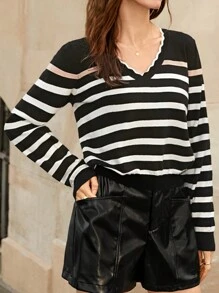 SHEIN Frenchy 1 Miếng Mẫu sọc Cổ v Áo len - Đen và trắng - Xem 1