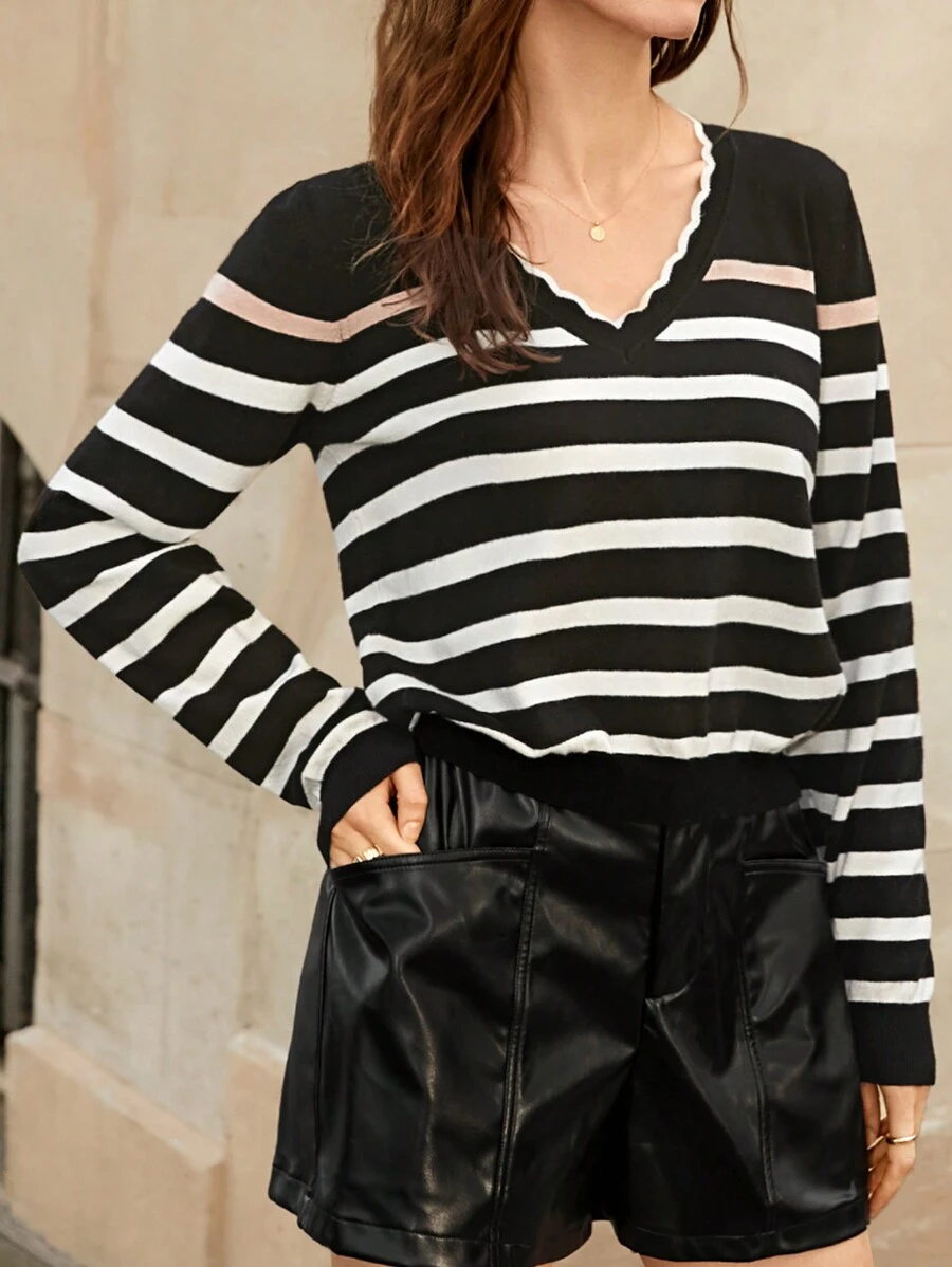 SHEIN Frenchy 1 Miếng Mẫu sọc Cổ v Áo len - Đen và trắng - Xem 1