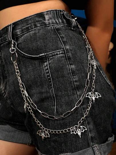 Goth 1pc Women Bat Decor Layered Trouser Chain, Halloween