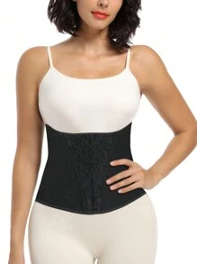Women's Black Fabric Medium Stretch Casual Comfy Lace Detail Waist Trainer Corset - Black - View 1