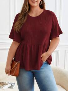 SHEIN Frenchy Plus Waffle Knit Flounce Sleeve Peplum Tee