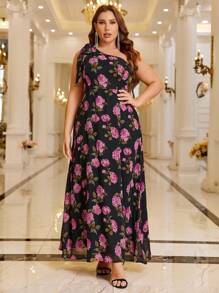SHEIN Belle Plus Allover Floral Print One Shoulder Dress - Multicolor - View 3
