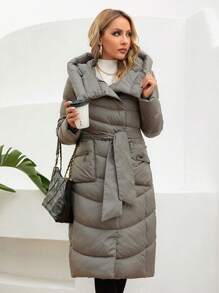 GASMAN Zip Up Snap Button Belted Hooded Belted Padded Coat - Grey - View 7