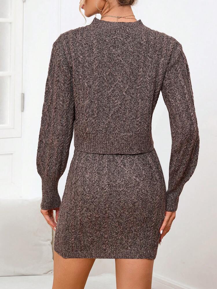 1pc Marled Knit Sweater & 1pc Knit Skirt Fall Cloth For Women