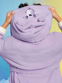 SHEIN X Care Bears Cộng với thêu chữ Thiết kế tai kép 3D có mũ trùm đầu có thắt lưng Áo choàng flannel - Màu tím - Xem 7