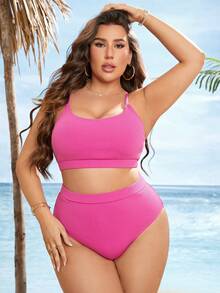 SHEIN Swim Curve Plus Solid High Waisted Bikini Set - Hot Pink - View 5
