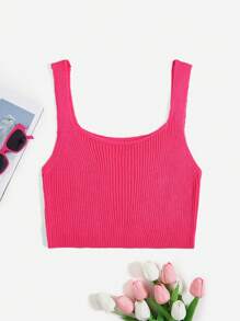 Flirla Plus Solid Ribbed Knit Top - Hot Pink - View 1