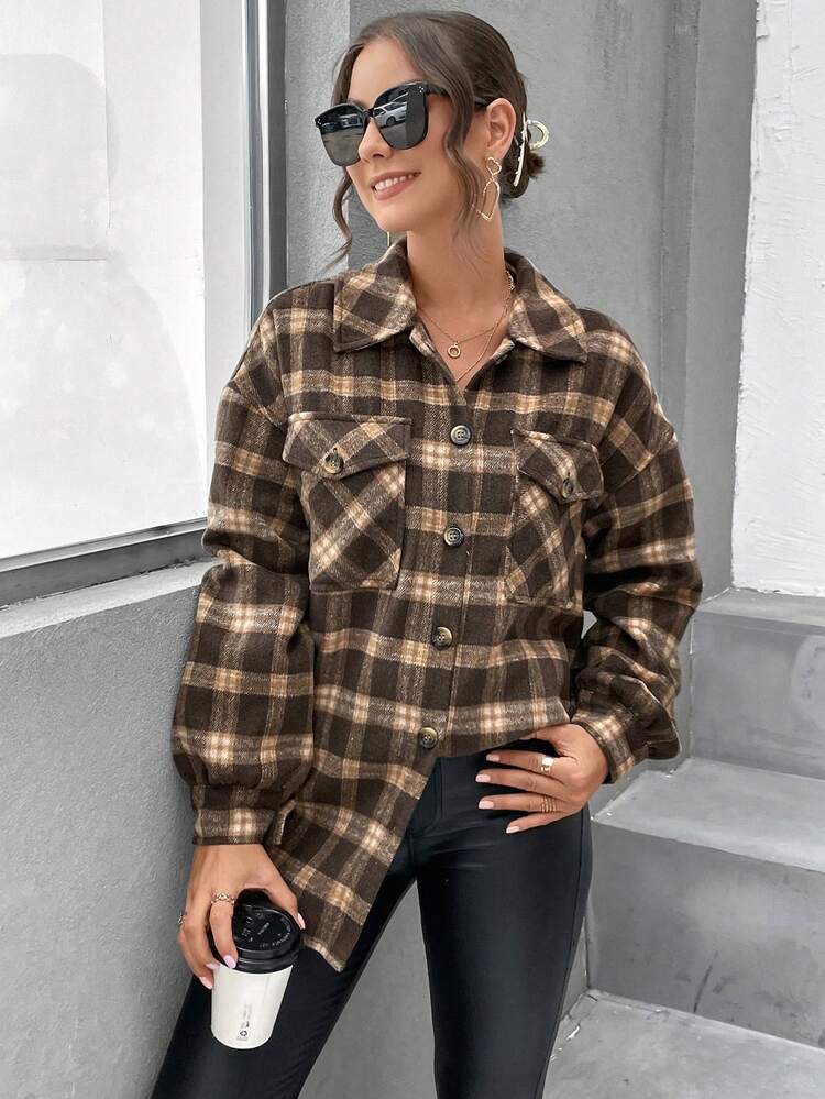 Plaid Print Drop Shoulder Flap Pocket Coat