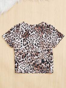 SHEIN 女小童豹紋和標語圖案T恤 - 彩色 - 查看 2