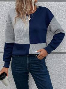 EMERY ROSE Color Block Drop Shoulder Sweatshirt - Navy Blue - View 3