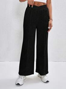 SHEIN PETITE 淨色彈力腰闊腿運動褲 - 黑色 - 查看 4