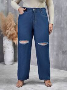 SHEIN LUNE 大碼破洞直筒牛仔褲 - 中等水洗藍 - 查看 1