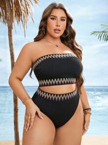 SHEIN Swim Curve Summer Beach Plus Chevron Pattern Bandeau Bikini Set - Black - View 5