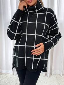 SHEIN 孕妇格纹高领落肩开衩下摆毛衣，适合冬季 - 黑與白 - 查看 4