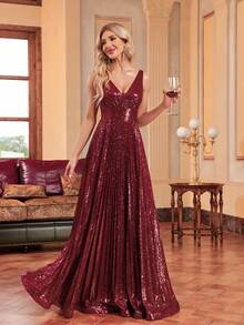 XUIBOL 深V領亮片舞會洋裝 - 酒紅色 - 查看 7