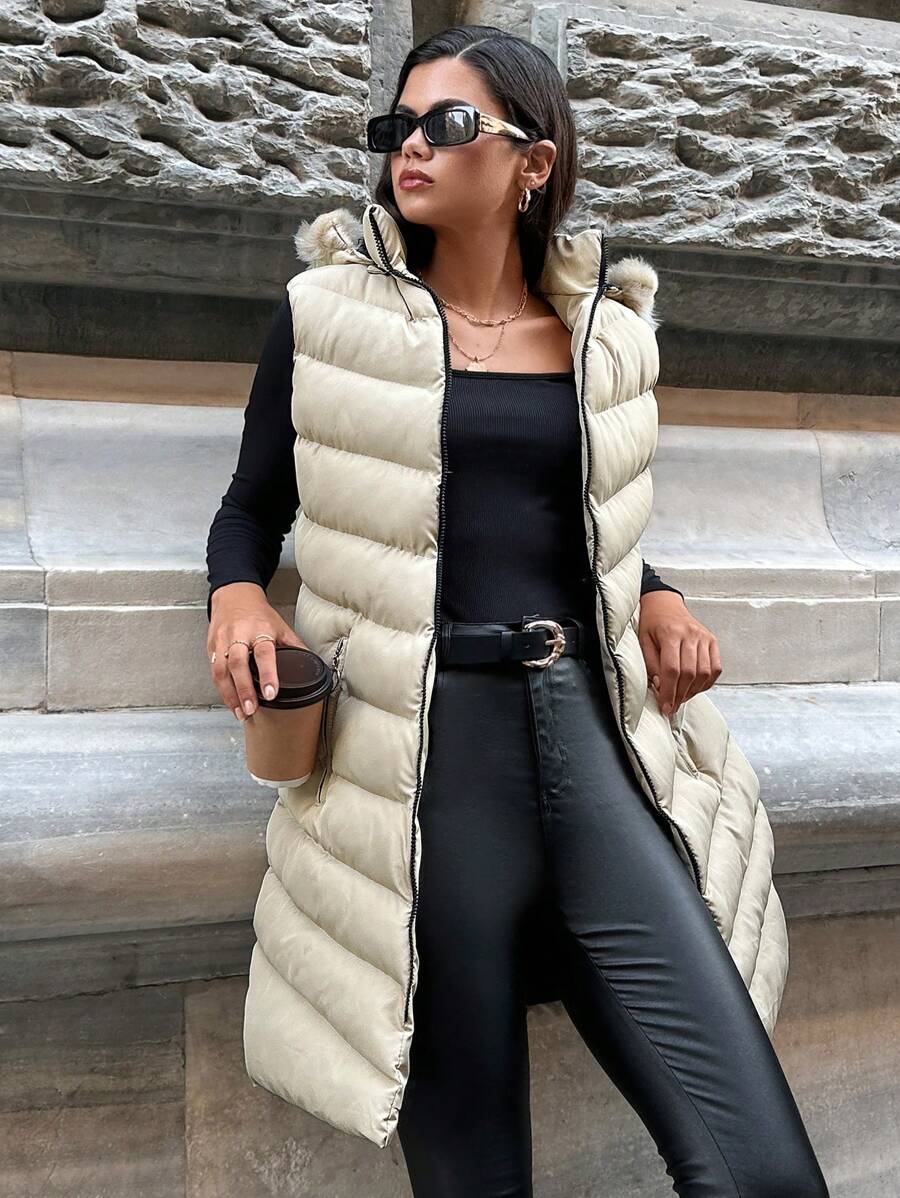 EURMUSE Zip Up Hooded Puffer Vest Coat - Beige - View 1