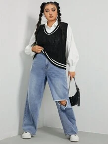 SHEIN EZwear 大碼高腰破洞直筒牛仔褲 - 藍色 - 查看 3