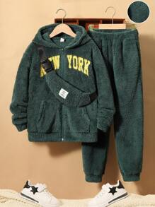SHEIN Tween Boy Letter Embroidery Hooded Teddy Jacket & Pants & Bag - Dark Green - View 1