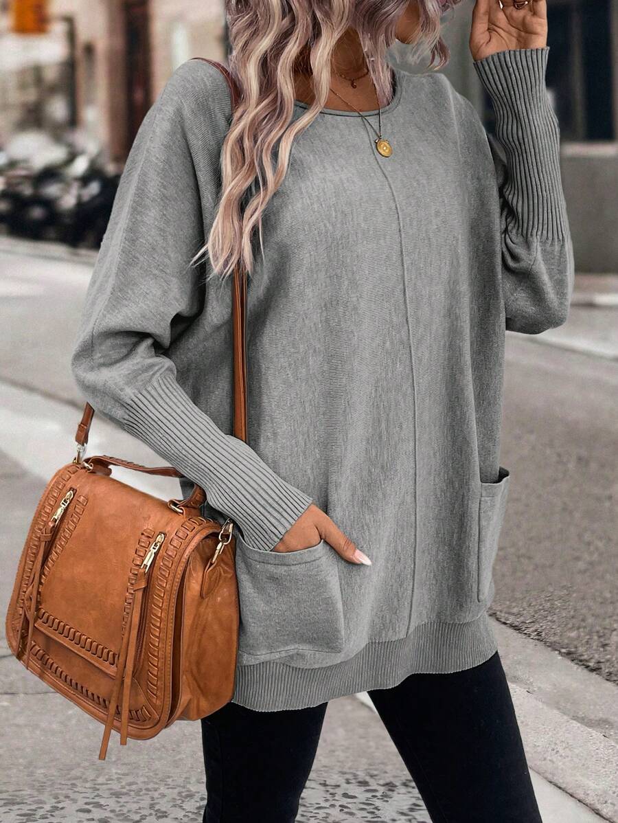 SHEIN LUNE 雙口袋蝙蝠袖口袋貼布套頭毛衣 - 灰色 - 查看 1