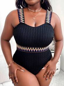 SHEIN Swim Curve Summer Beach Plus Chevron Tape Panel One Piece Swimsuit - Black - View 4