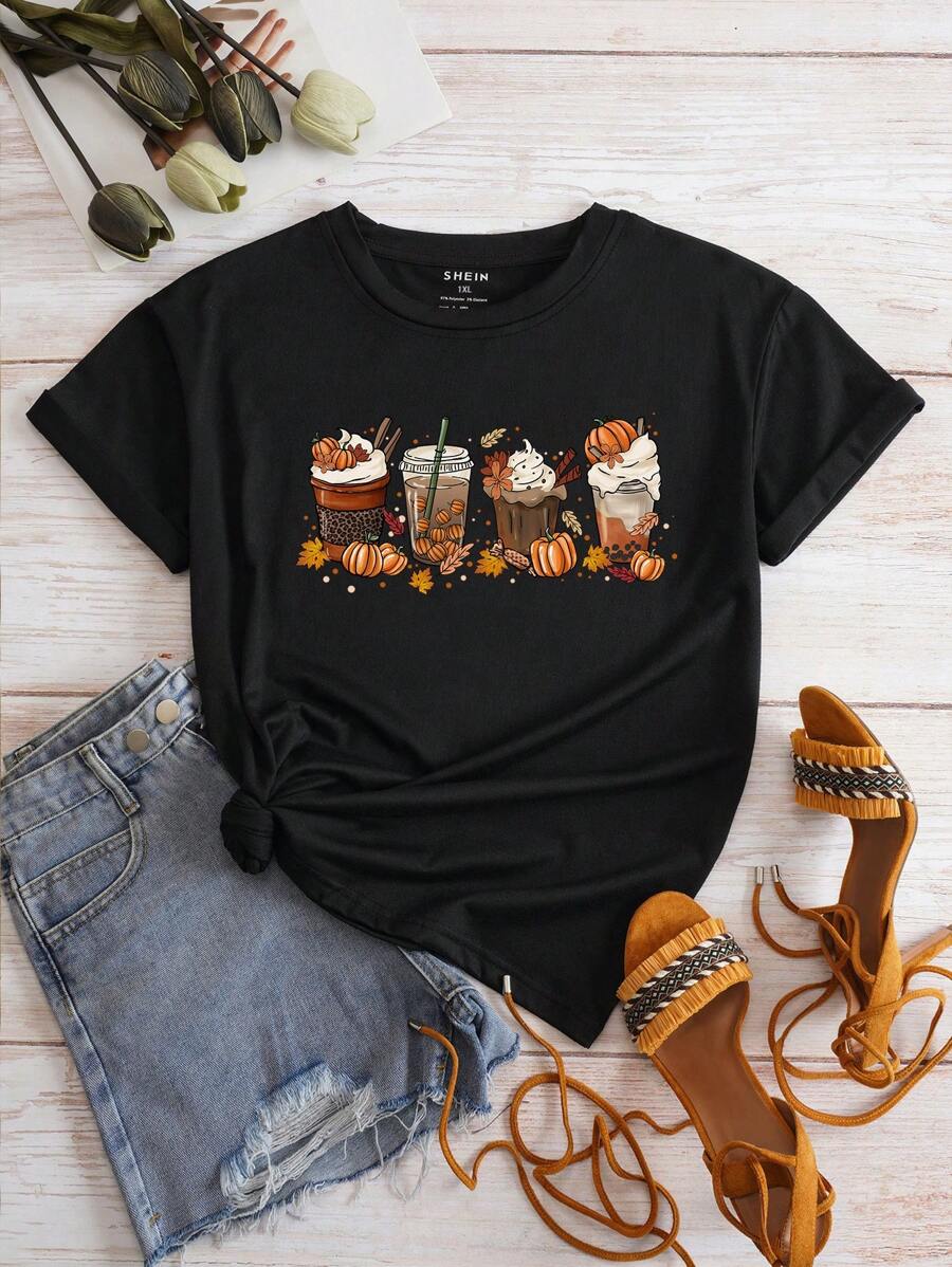 SHEIN EZwear Talla grande Camiseta calabaza con con estampado de café - Negro - Ver 1